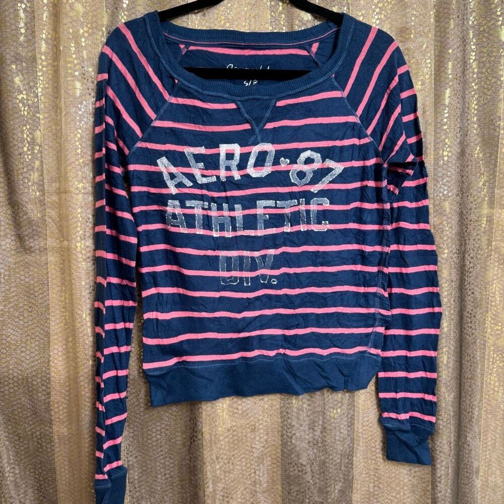 AEROPOSTALE Long Sleeve Striped Sweatshirt Crew Tee Shirt Pink Blue Small